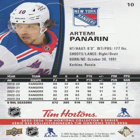 Artemi Panarin - 2025/2026 Tim Hortons Collector's Series Card - Picture 2 of 2